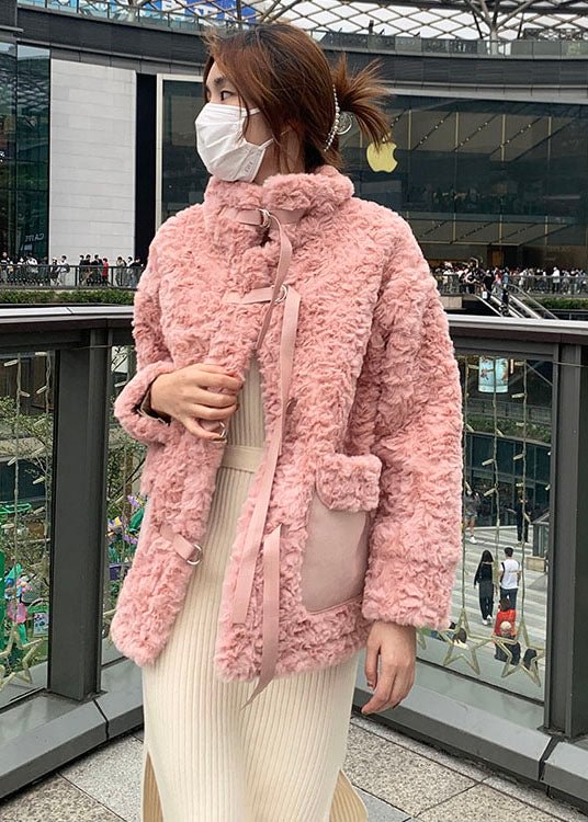 Pink Stand Collar tie Faux Fur Coat Winter CK2891- Fabulory