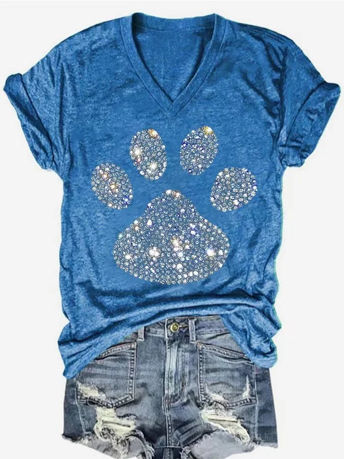 Women's Dog Paw Rhinestone Print T-Shirt socialshop