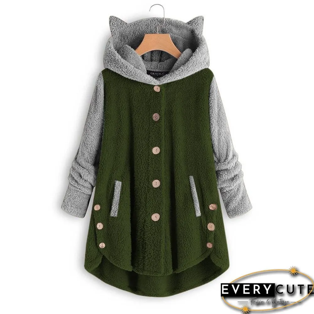 Autumn And Winter Button Hooded Cat Ears Plush Top Irregular Color Matching Coat Women