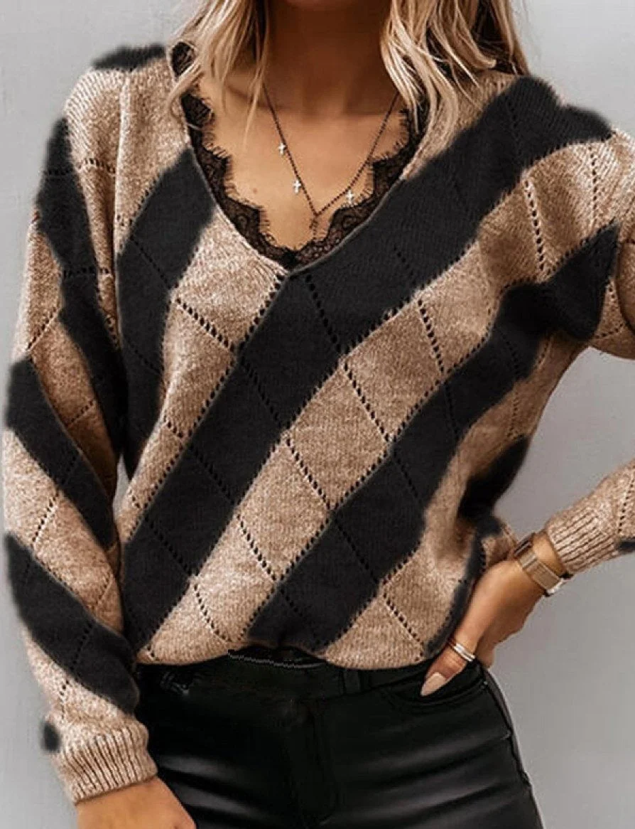 Contrasting Lace V-Neck Casual Loose Sweater