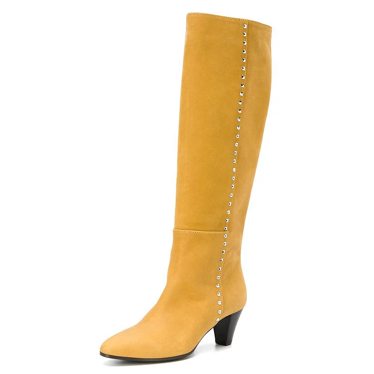 FSJ Yellow Rock Studs Embellished Heeled Tall Boots for Women |FSJ Shoes
