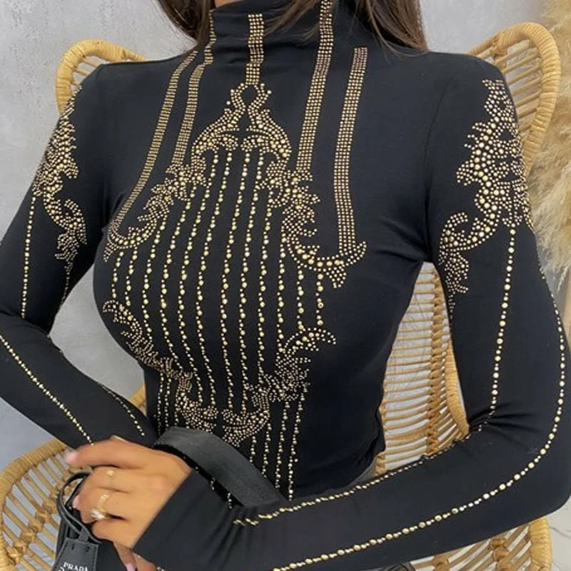 Elegant U Neck Diamond Shirt Pullover Office Lady Sexy Fashion Skinny Blouse 2022 Spring Long Sleeve Women Tops Blusa Streetwear