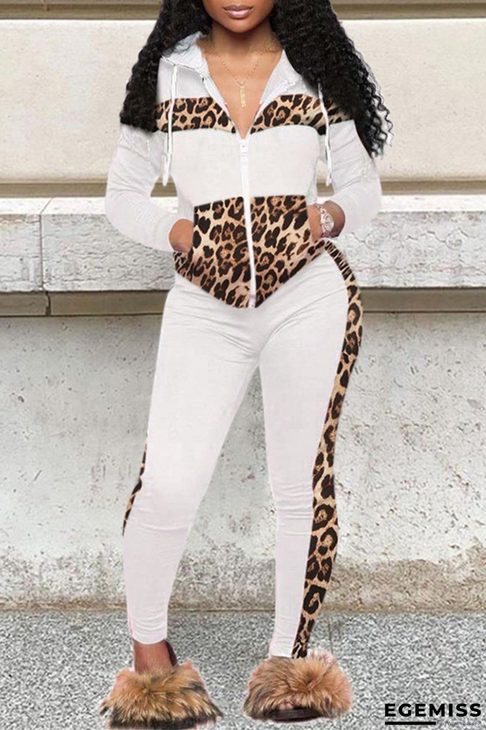 White Fashion Casual Print Patchwork Zipper Collar Long Sleeve Two Pieces | EGEMISS