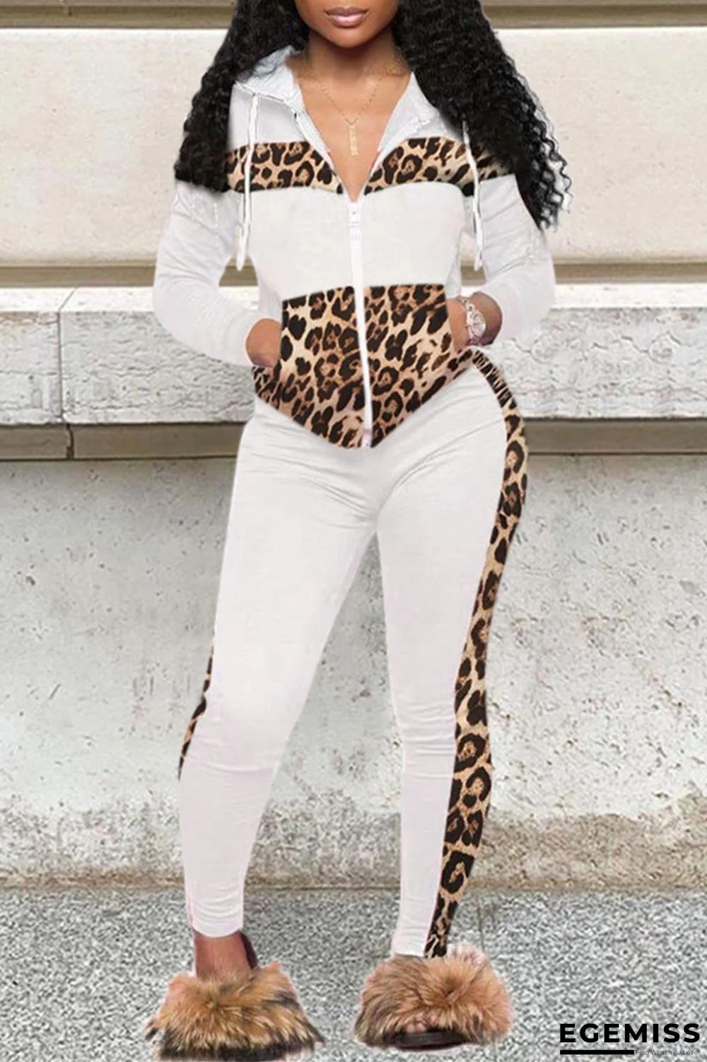 White Fashion Casual Print Patchwork Zipper Collar Long Sleeve Two Pieces | EGEMISS