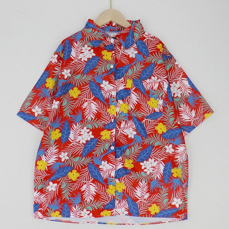 Vintage Floral Print Lapel Causal T-Shirt - Modakawa Modakawa