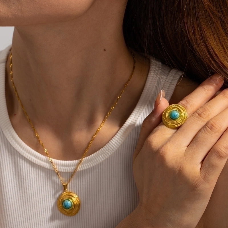 Elegant Vintage Style Geometric 304 Stainless Steel Turquoise Plating Rings Earrings Necklace