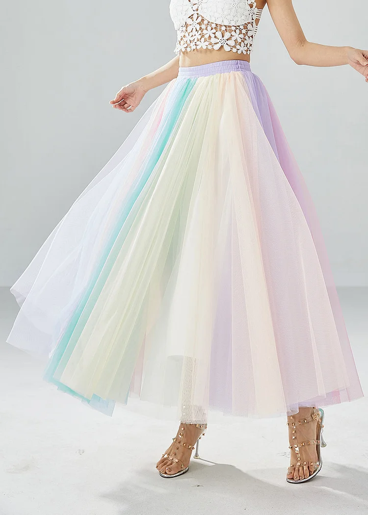 Boho Rainbow Elastic Waist Exra Large Hem Tulle Pleated Skirts Summer