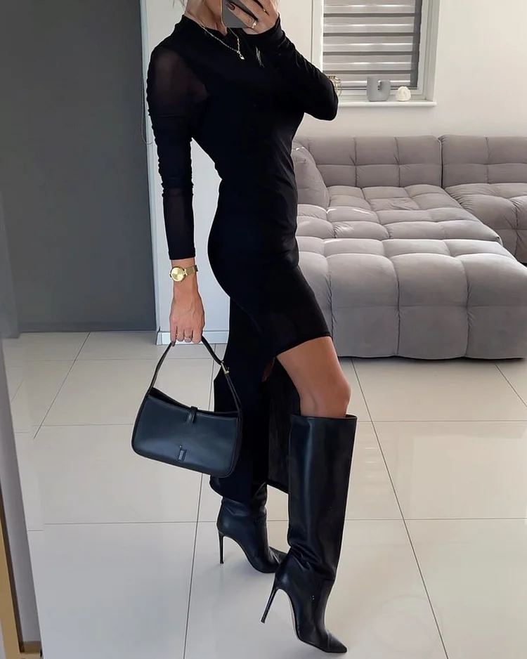 Solid Color Slit Long Sleeve Dress