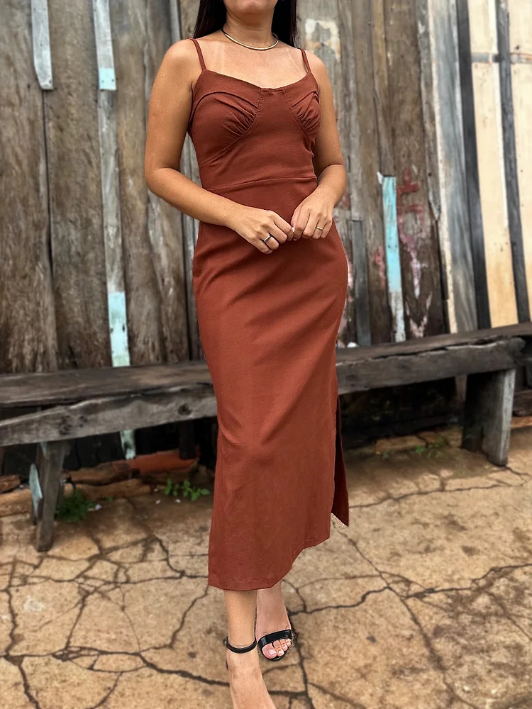 Brown Tie Slit Dress
