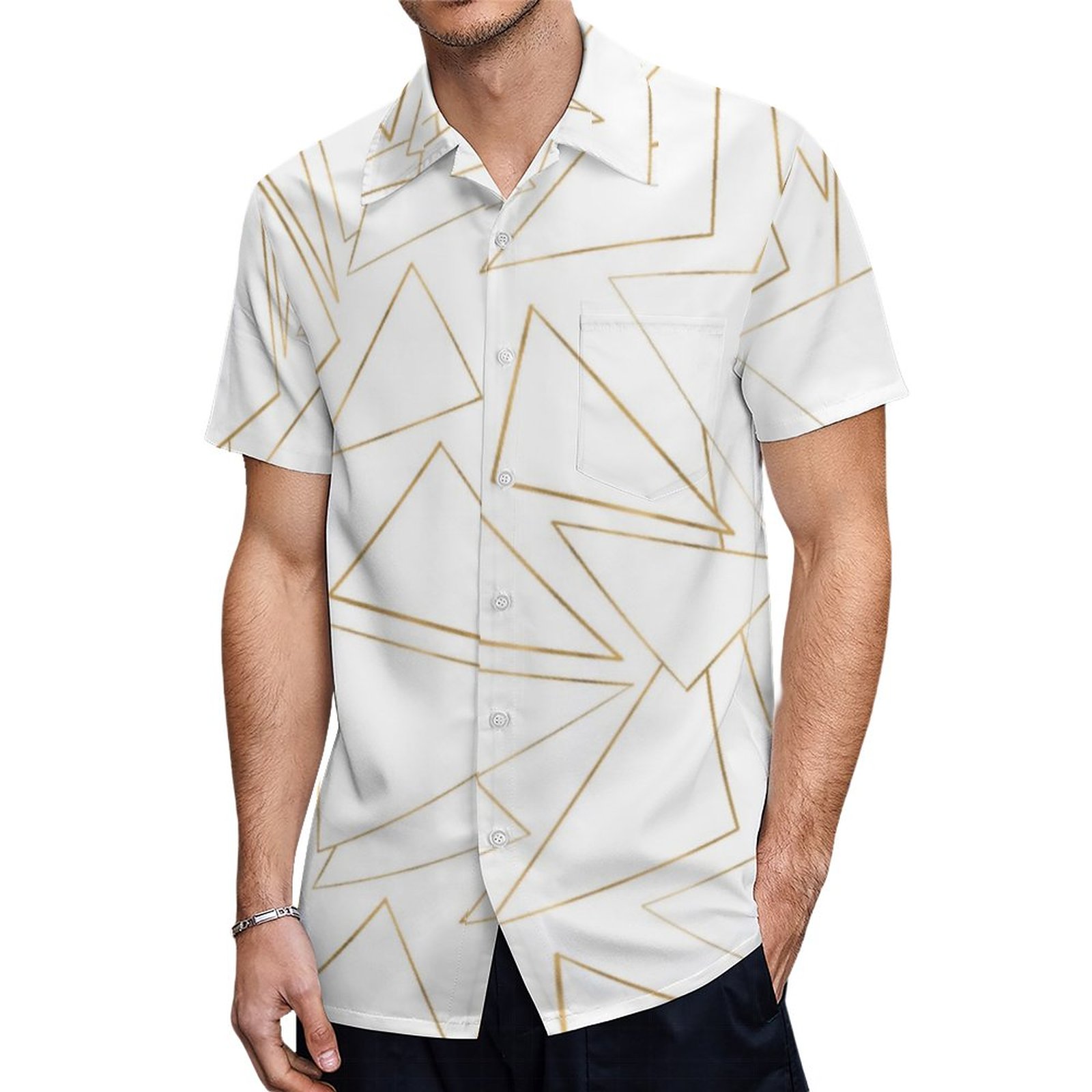 Modern Minimalist Gold White Strokes Triangles Hawaiian Shirt Mens Button Down Tropical Hawaii Beach Shirts