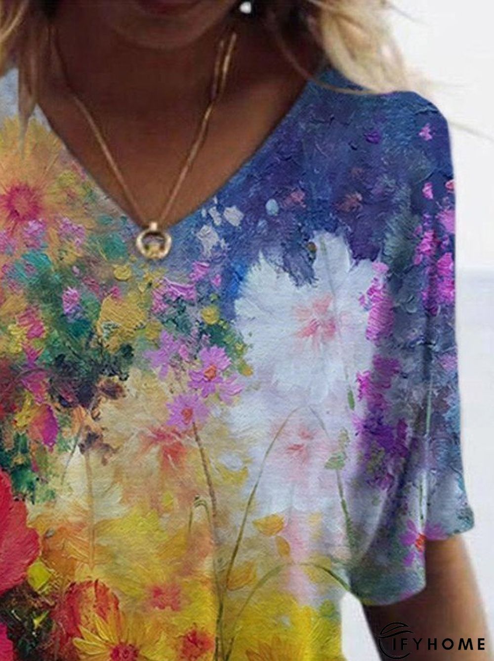 Floral Vacation V Neck Cotton-Blend T-shirt | IFYHOME