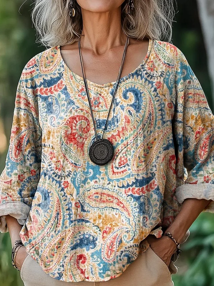 Women's Vintage Ethnic Floral Art Print Casual Cotton And Linen Shirt