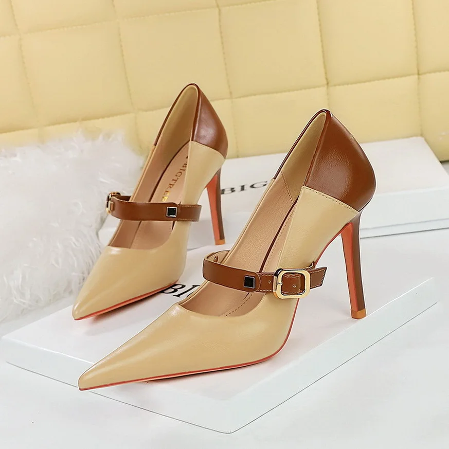 Colourp Colourp Retro High Heels Women's Shoes Ultra High Heel Light Tip Color One Word Belt Women's Single Shoes