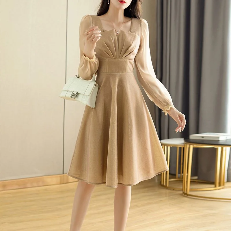 Toloer Toloer Dress Light Luxury Foreign Style Long Sleeves Light Luxury Fold Three-Dimensional Design Waist Show Thin Dress Women's Dress-Outfit Ideas