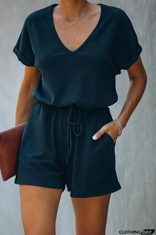 V Neck Pockets Drawstring Romper