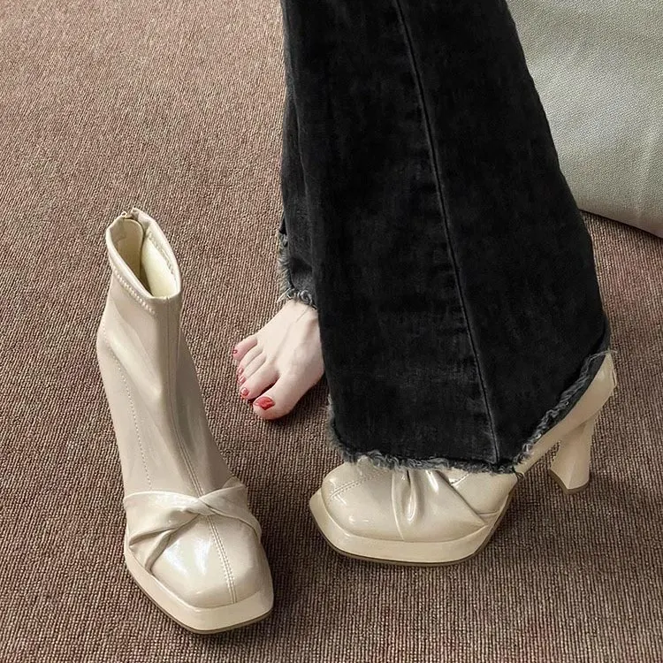 Breakj Breakj With Thick Bottom Height Small Ankle Boots Women 2025 Autumn New Square Bows Short Boots French Elegant Thin Skin Boots