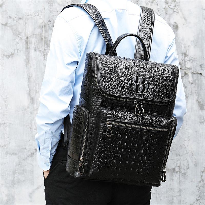 Mens Alligator Pattern Cow Leather Soft Back Flap Backpack