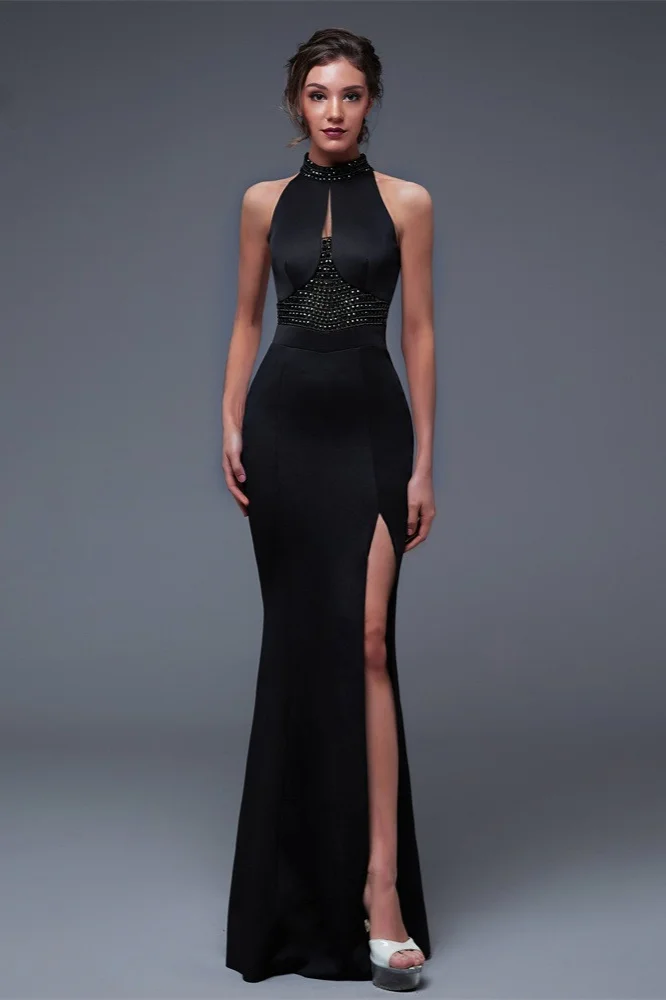 black high-neck long mermaid prom dress with split