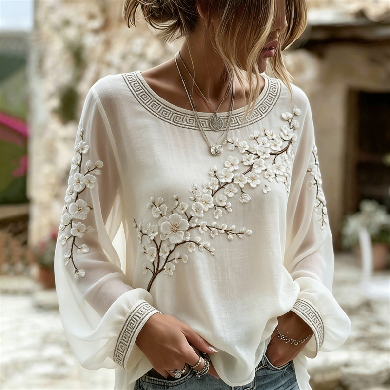 Classy Almond Blossom Japanese Art Flowy Linen Tunic elevenforest
