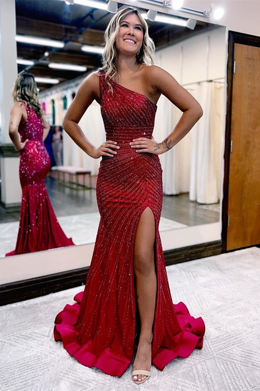 Sexy Red One Shoulder Slit Prom Dress Long With Sequins Beadings – Ballbella