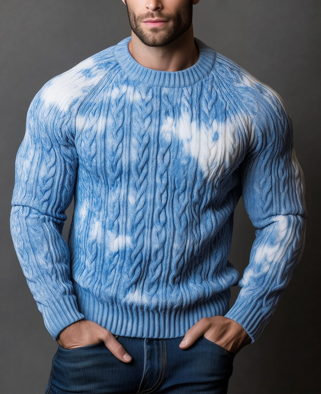 Okaywear Tie Dye Cable Knit Crew Neck Long Sleeve Sweater