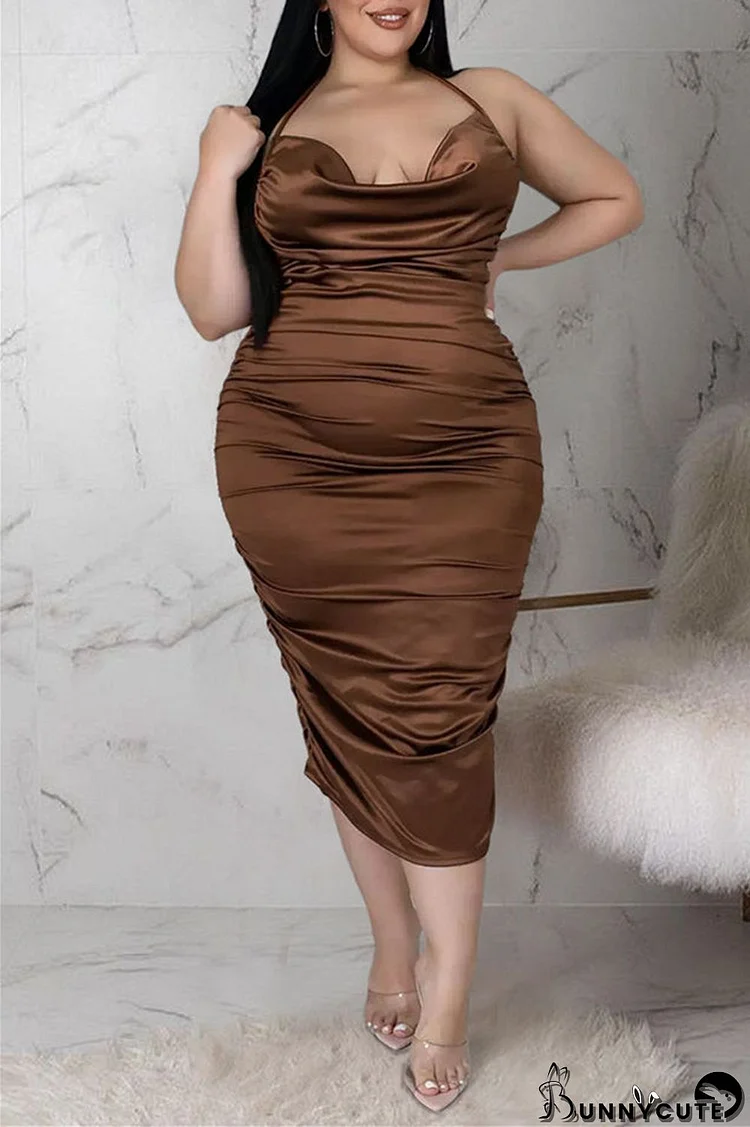 Coffee Fashion Sexy Solid Backless Fold Halter Sling Dress Plus Size Dresses