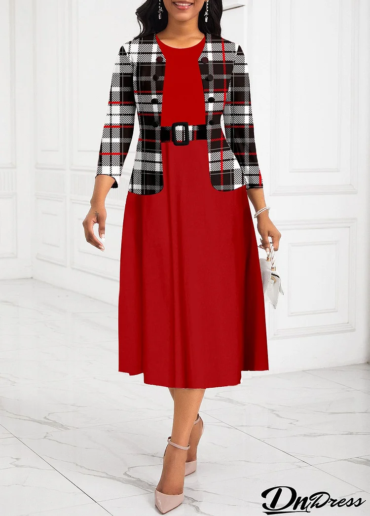 Red Two-Piece Plaid Belted Round Neck Dress and Cardigan