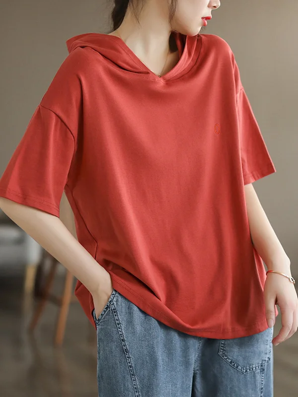 Short Sleeves Hooded Solid Color Hooded T-Shirts Tops