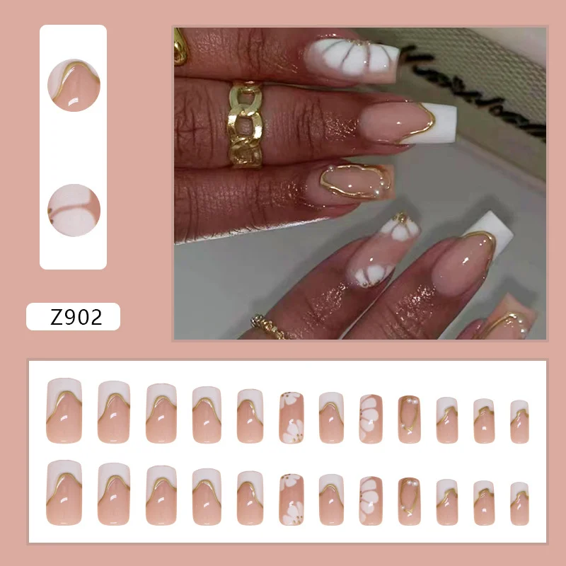 Churchf Churchf Patch Simple Removable Nail Gold Three-Dimensional Line Wear Nail French Flower Beautiful Nail Piece Diamond Style