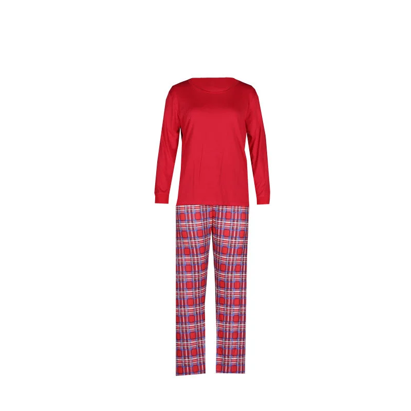 Christmas Long Sleeve Pure Red Top and Long Plaid Pants Family Matching Pajamas-2