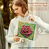 Green Background Rose DIY Linen Diamond Art Painting Tote Bag for Adults