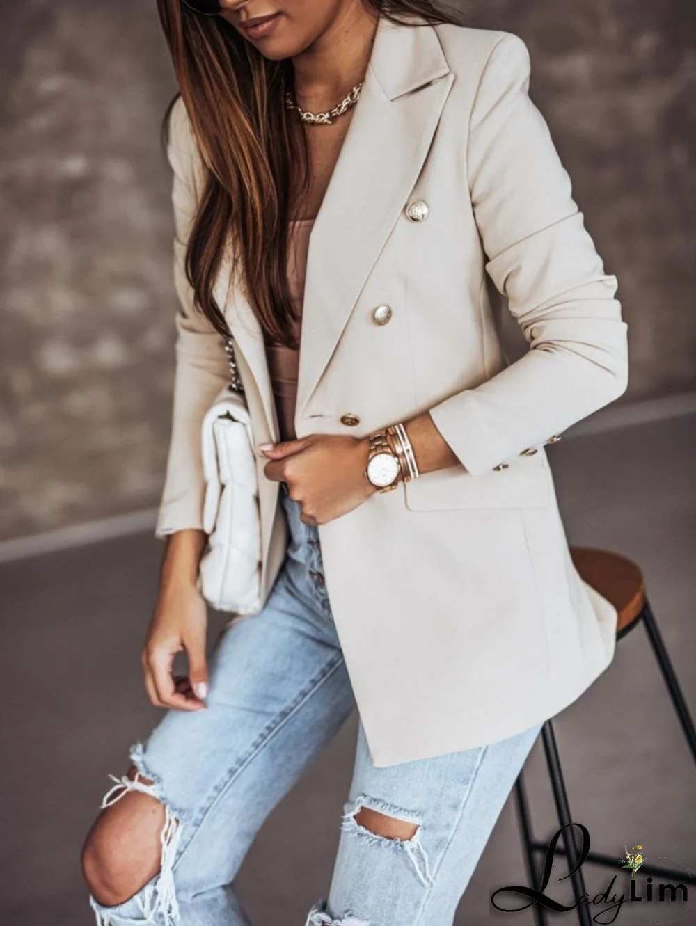 women's autumn and winter solid color long-sleeved double-breasted blazer jacket