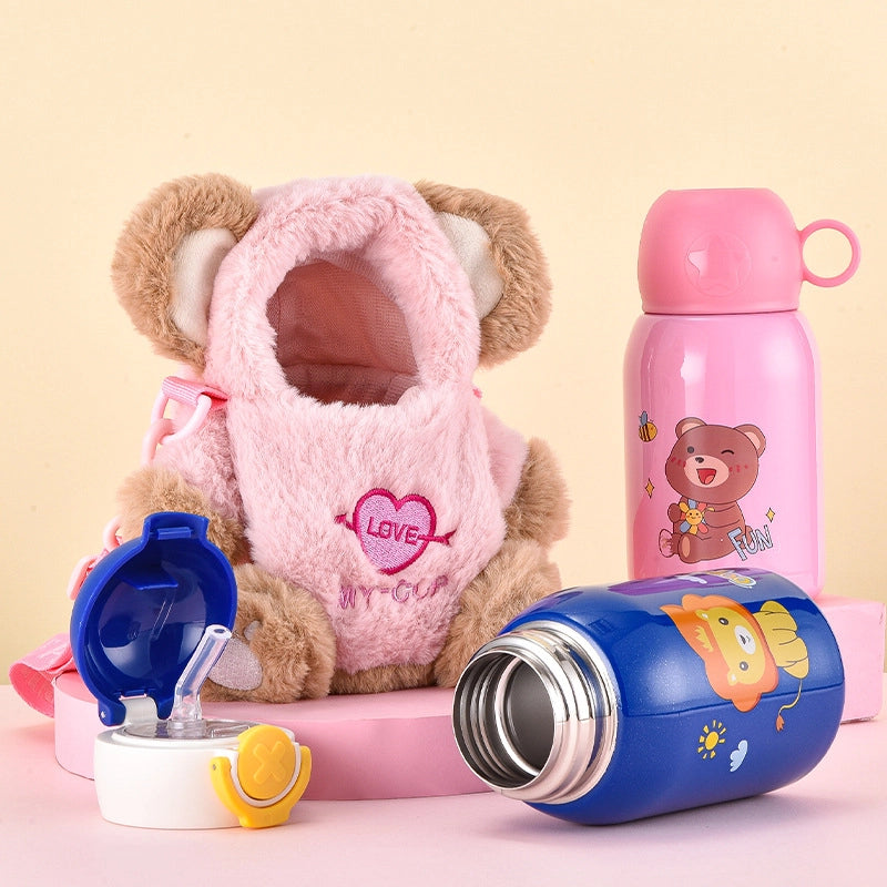 316 Vacuum Cup For Girls With Plush Cup Cover Kettle Crossbody Portable Cute Student Quilt Children Straw Water Cup
