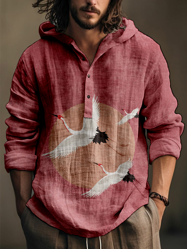 menweary Flying Cranes Japanese Art Linen Blend Hooded Shirt