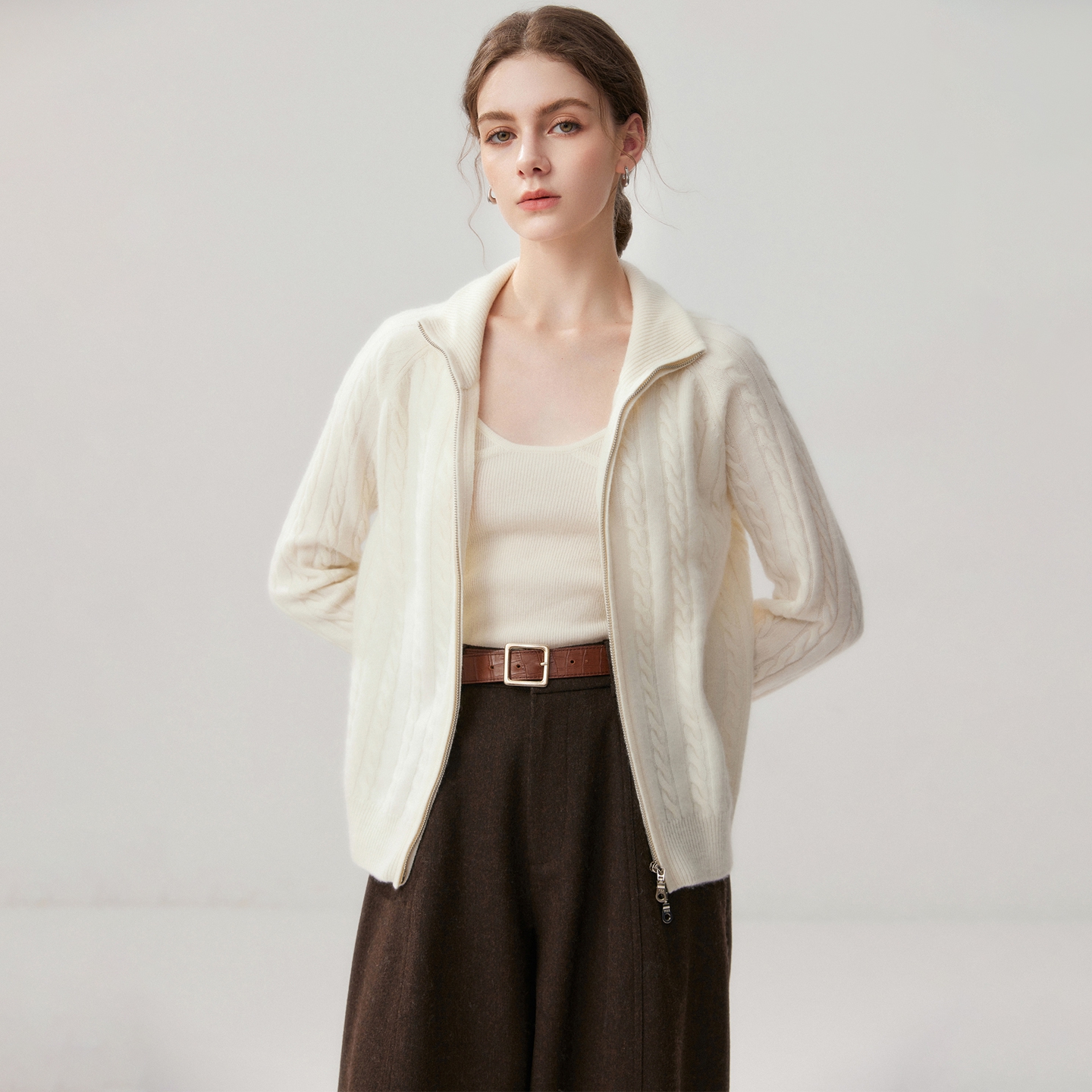 Women's Baby Cashmere Cardigan Relaxed Fit Cable-Knit Zip-Front REAL SILK LIFE