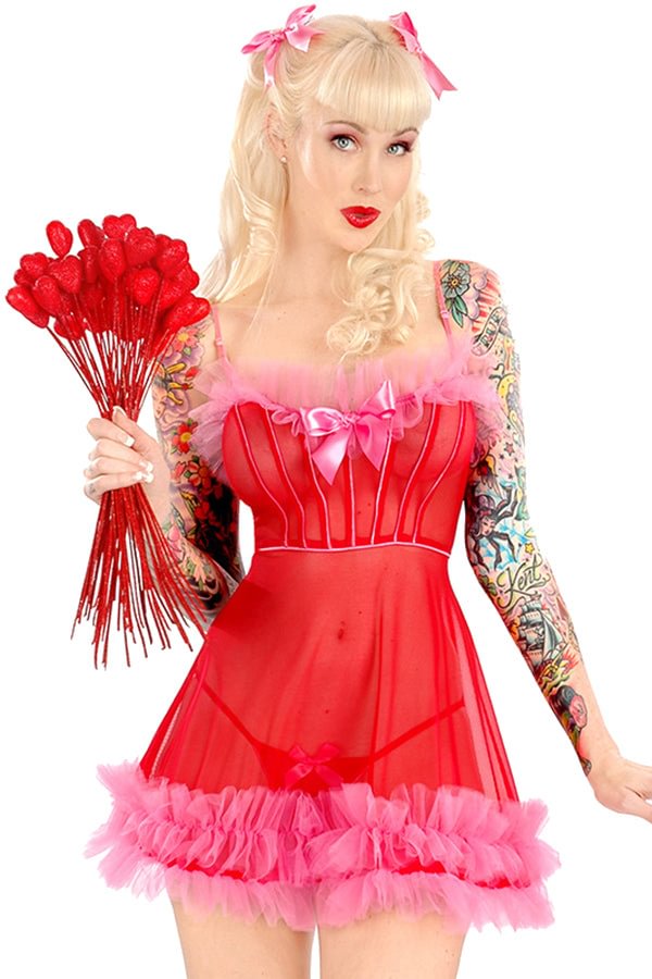 Womens Sexy Adult Sheer Ruffle Chemise Christmas Lingerie Red-elleschic
