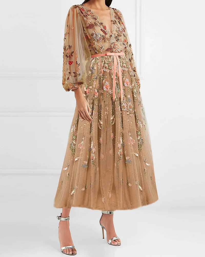 Gown 3D Floral Mesh Embroidered Midi Dress
