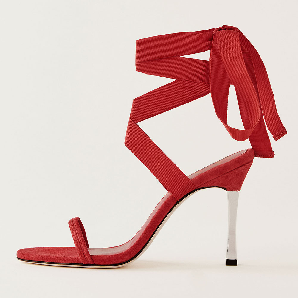 Red Vegan Suede Open Toe Stiletto Heel Summer Sandals with Lace Up Nicepairs