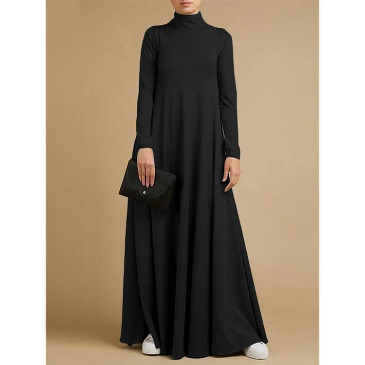Urban Style Solid Color High Collar Long Sleeve Maxi Dress - yankia