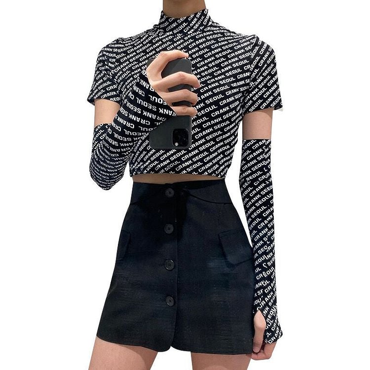 Letter Printed Round Collar Belly Top