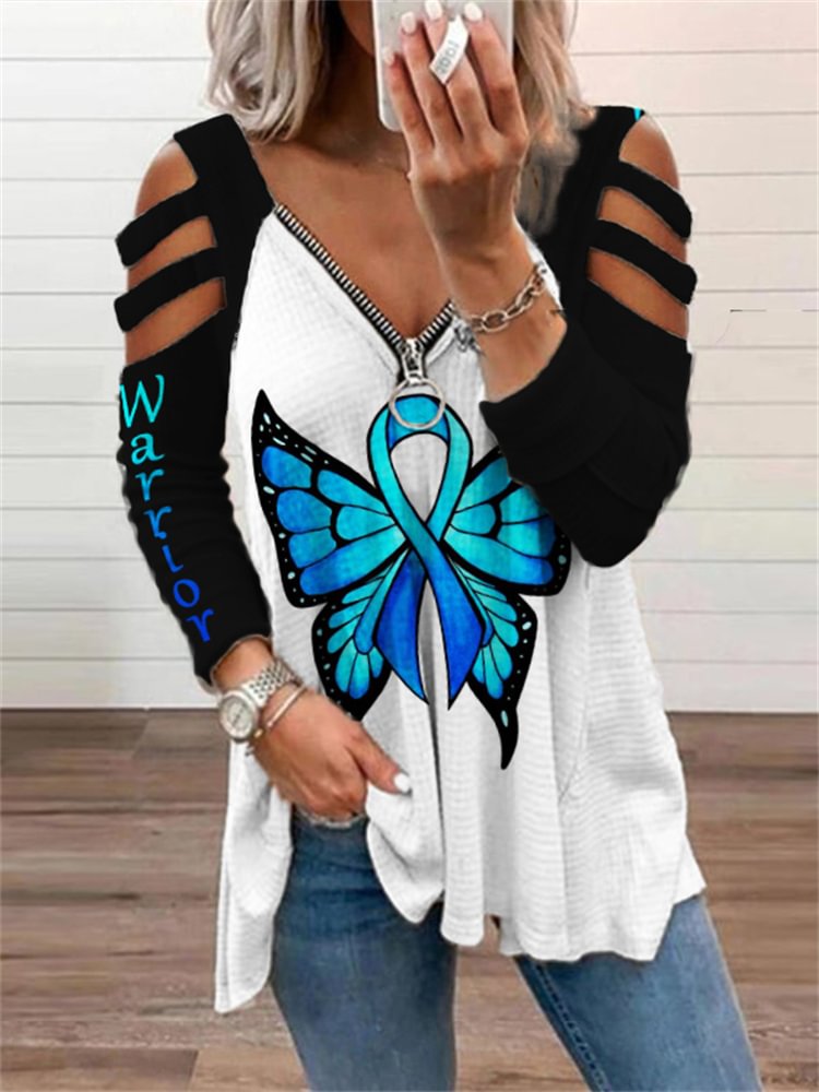Blue Ribbon Butterfly Warrior Print Zip T Shirt