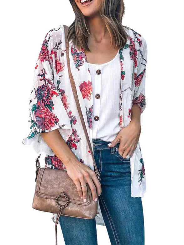 Women's Half Sleeve Colorblock Floral Printed Cardigan Coats