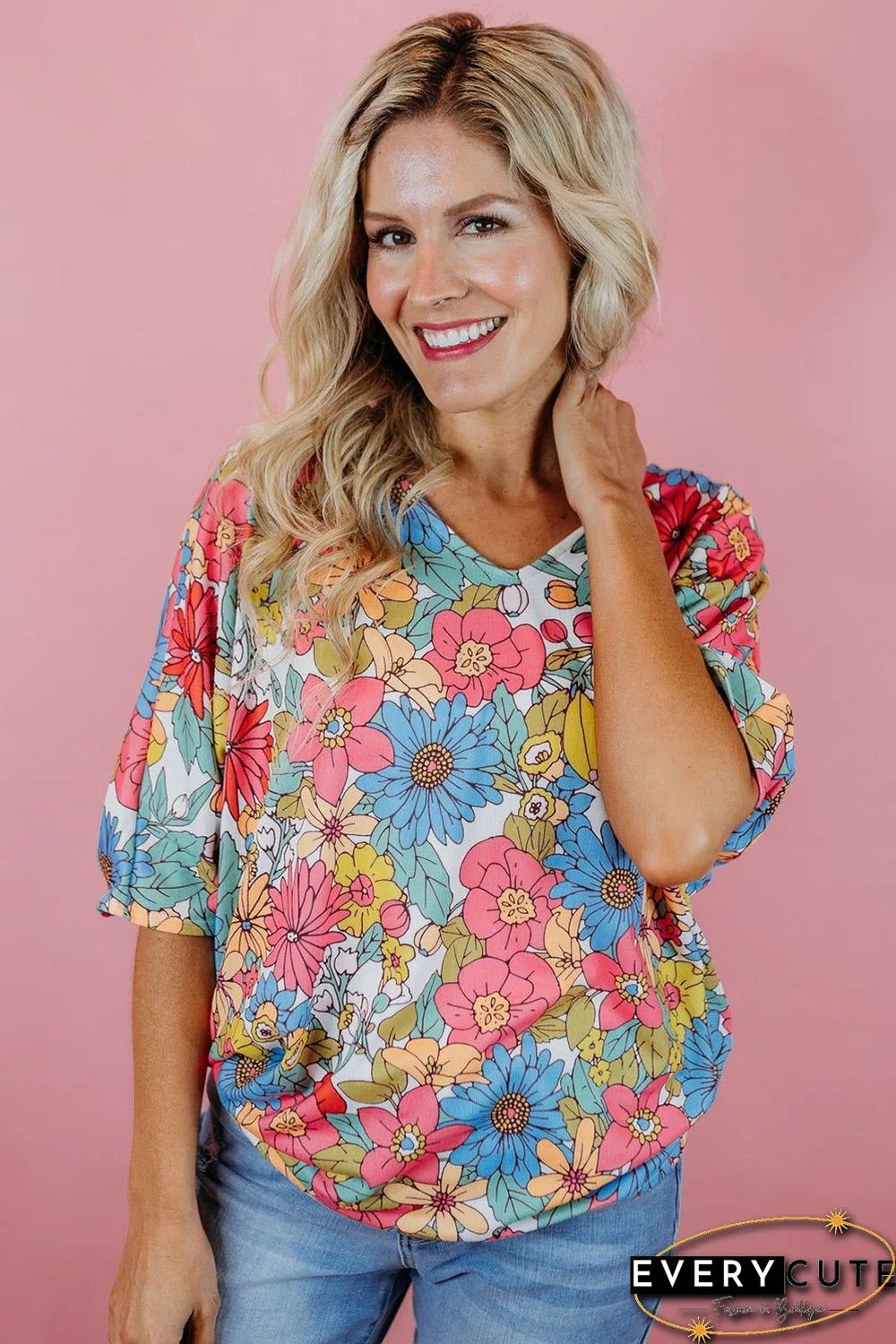 Multicolor Floral Print V Neck Half Sleeve Blouse