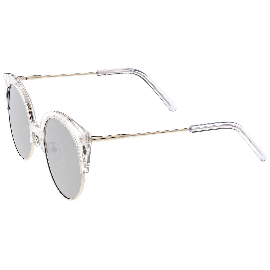 Women's Half Frame Cat Eye glasses Ultra Slim Arms Mirrored Round Flat Lens 53mm