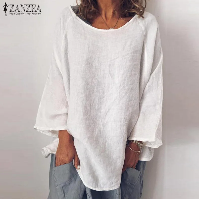 ZANZEA Fashion Women Long Sleeve Solid Cotton Linen Shirt Autumn Blouse Femininas Basic Tops Robe Blusas Loose Chemise Tunic