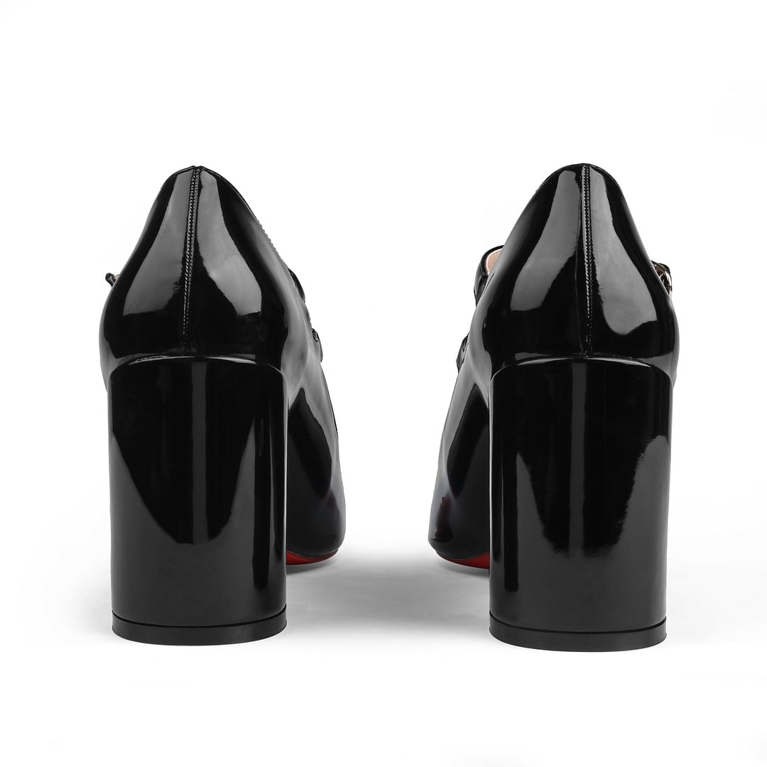 85mm Women's Chunky Heels Red Bottom Shoes Comfortable Miss Jane Block Heel Patent Pumps-MERUMOTE