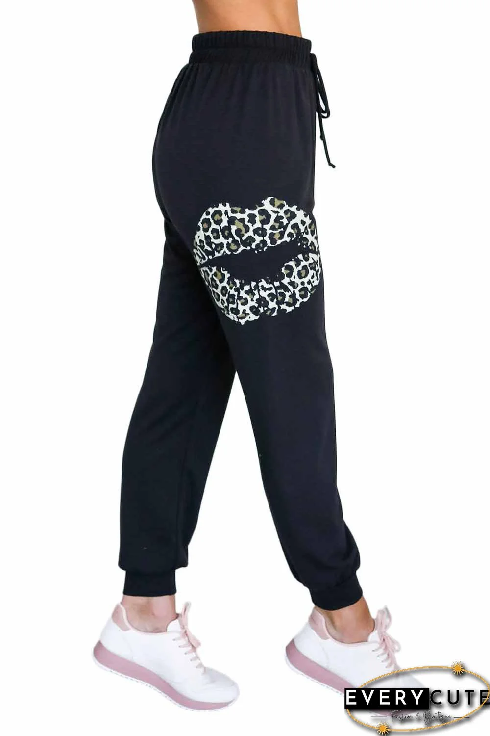 Black Leopard Lips Pattern Drawstring Waist Joggers