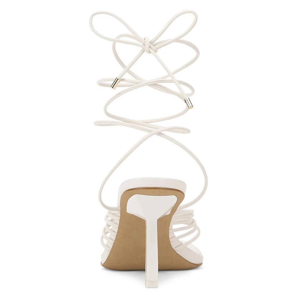 Fashion White Square Toe Sculptural Heel Flip Flops Lace Up Sandals