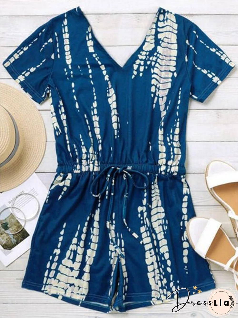 Women'S Jumpsuits Casual Tie Dye Print V-Neck Short Sleeve Jumpsuit