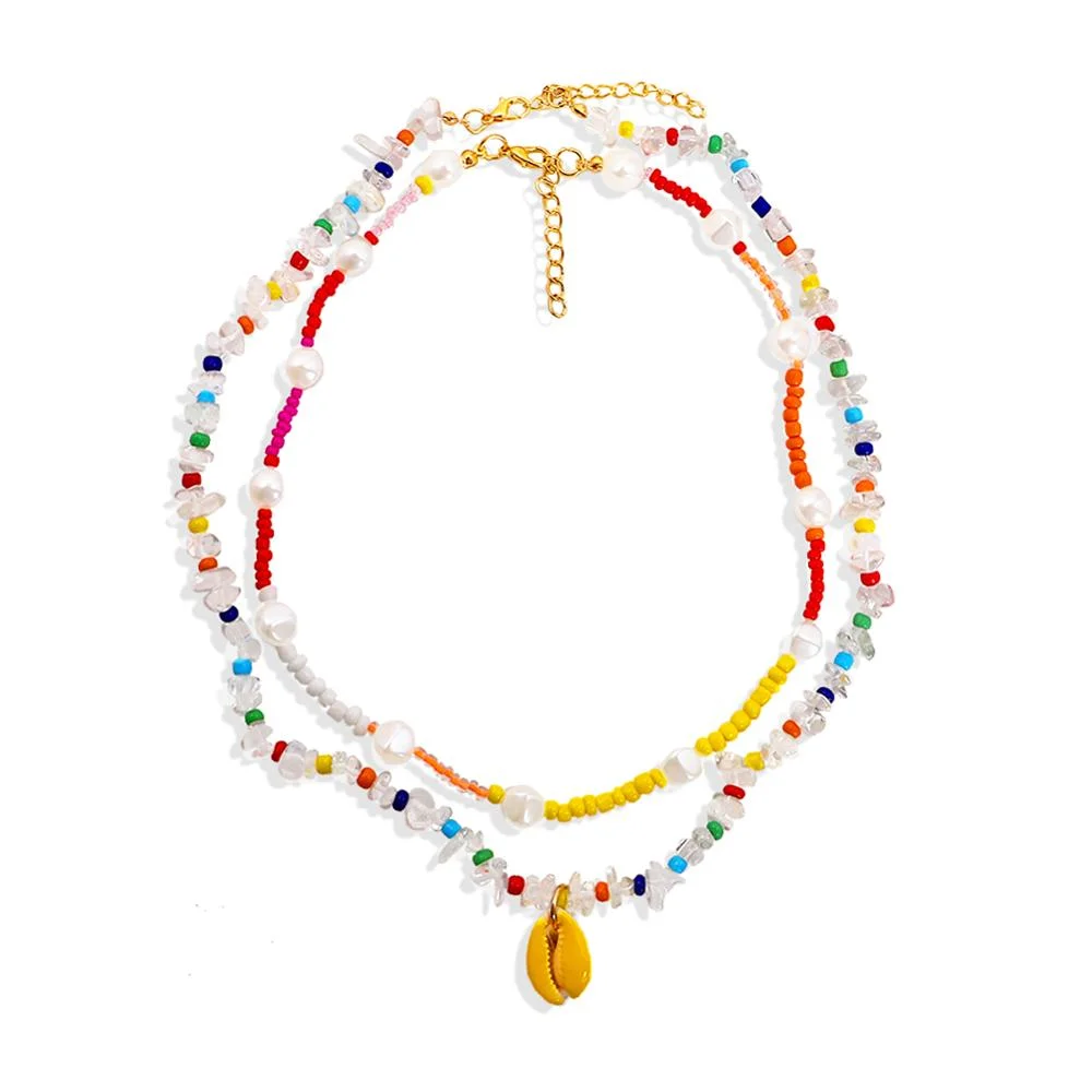 Dvacaman Boho Colorful 2pcs/set Beads Chain Necklace Trendy Ethnic Multi Layer Beaded Choker Necklace for Women Party Jewelry